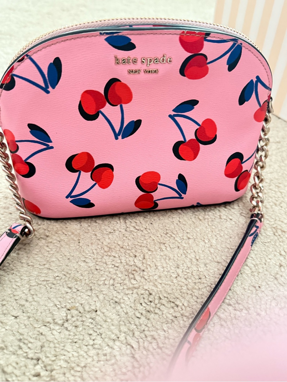 kate spade Pink Cherry Print Crossbody Purse with Gold Chain